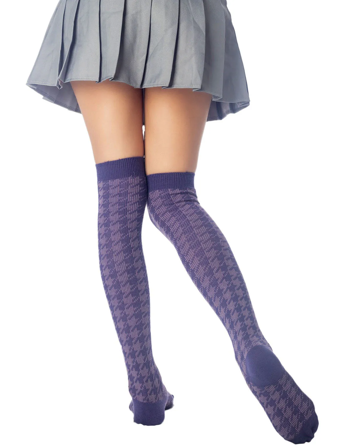 iB-iP Women's Houndstooth Pattern Stylish Solid Color Hold-up Thigh High Long Socks