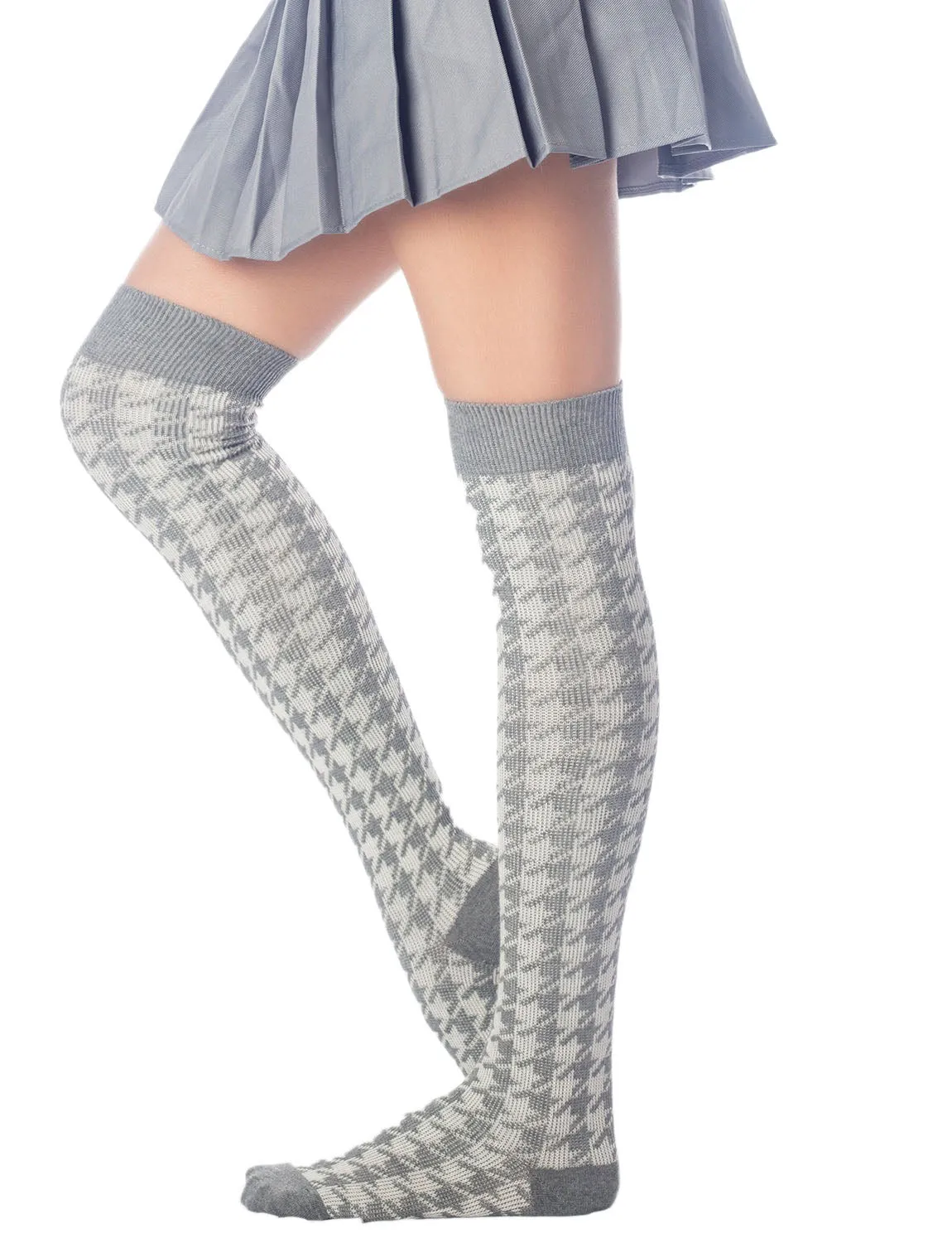 iB-iP Women's Houndstooth Pattern Stylish Solid Color Hold-up Thigh High Long Socks