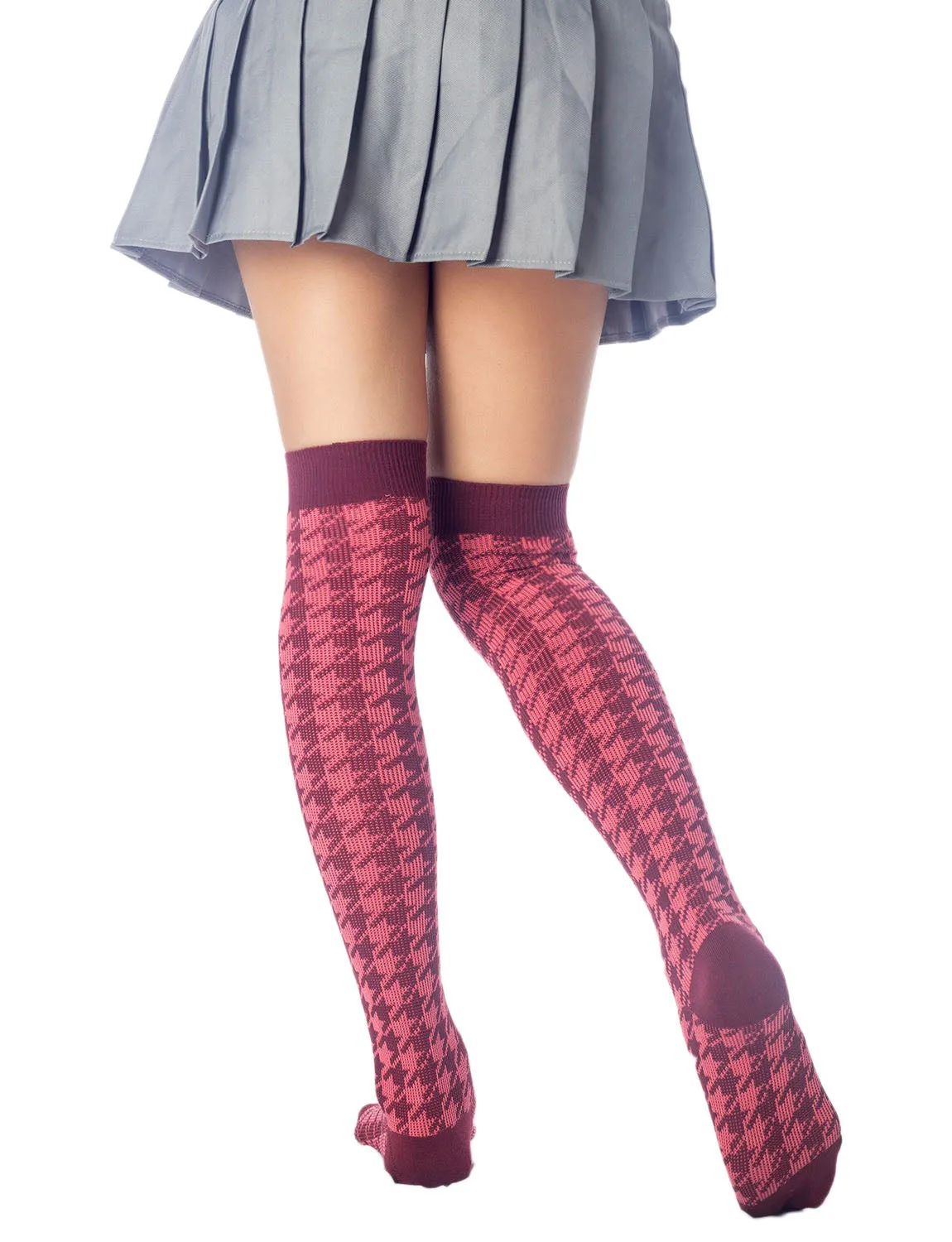 iB-iP Women's Houndstooth Pattern Stylish Solid Color Hold-up Thigh High Long Socks