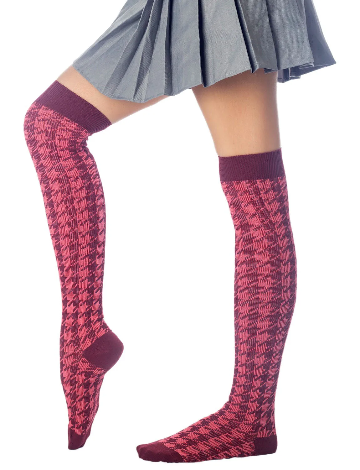 iB-iP Women's Houndstooth Pattern Stylish Solid Color Hold-up Thigh High Long Socks