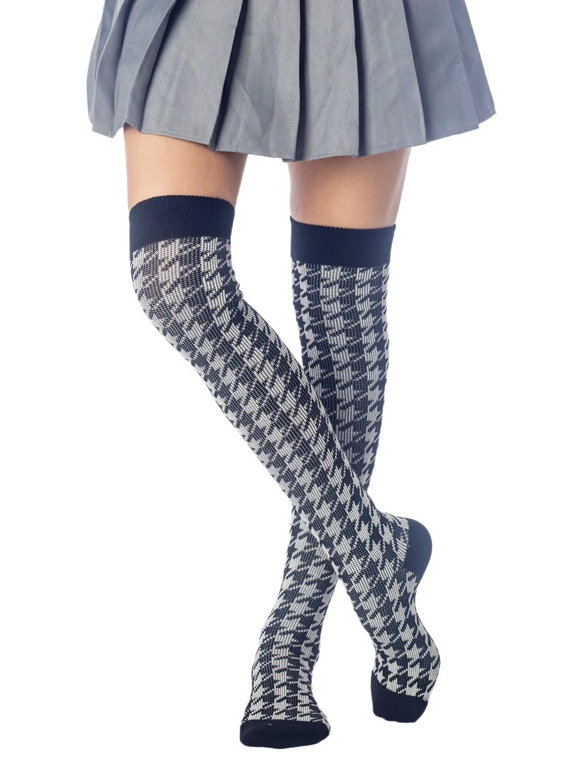 iB-iP Women's Houndstooth Pattern Stylish Solid Color Hold-up Thigh High Long Socks