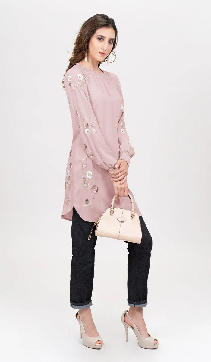 Iman Embroidered Formal Long Modest Tunic - Blush Pink