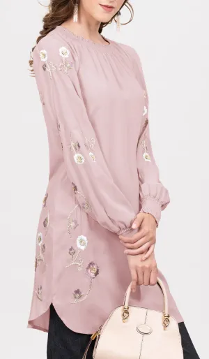 Iman Embroidered Formal Long Modest Tunic - Blush Pink