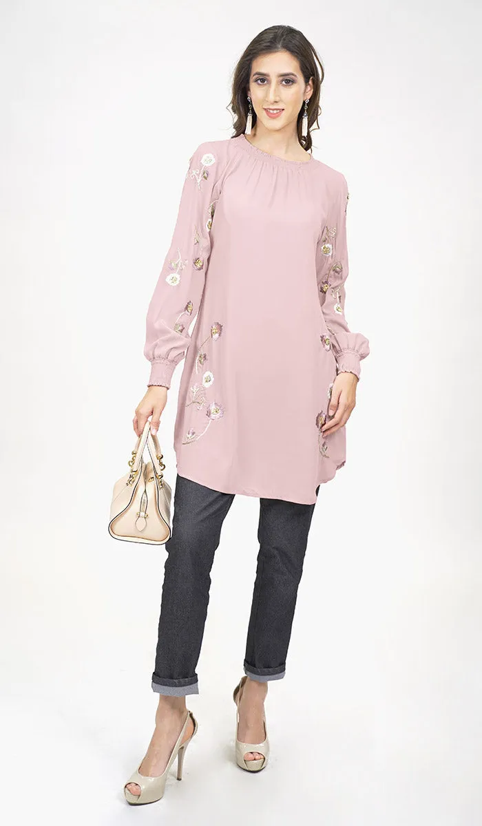 Iman Embroidered Formal Long Modest Tunic - Blush Pink