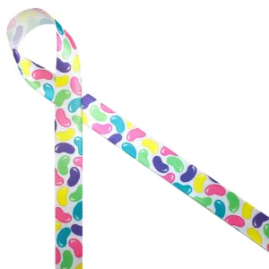 Jelly Beans Ribbon in pastel colors on 5/8" White Single Face Satin ribbon