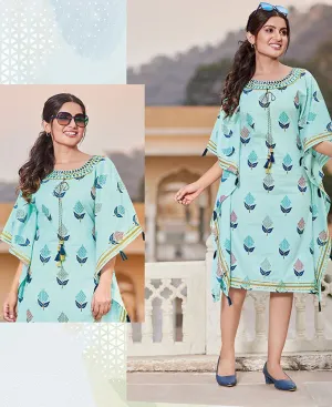 Kajal Style Cotton Blue Kaftans with Fancy Embroidery for Women