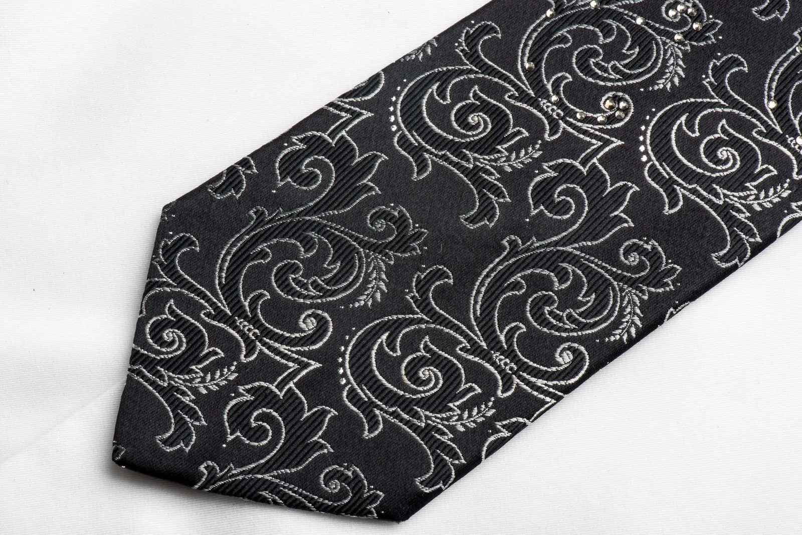 Lancetti Men's Crystal Necktie Silver Acanthus On Black With Silver Sparkles