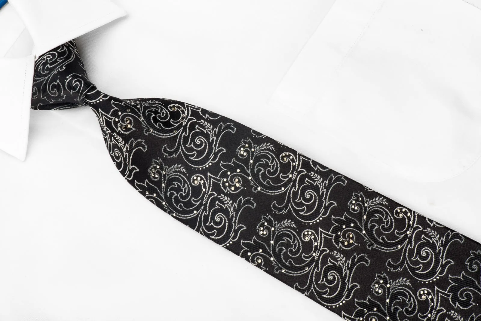 Lancetti Men's Crystal Necktie Silver Acanthus On Black With Silver Sparkles