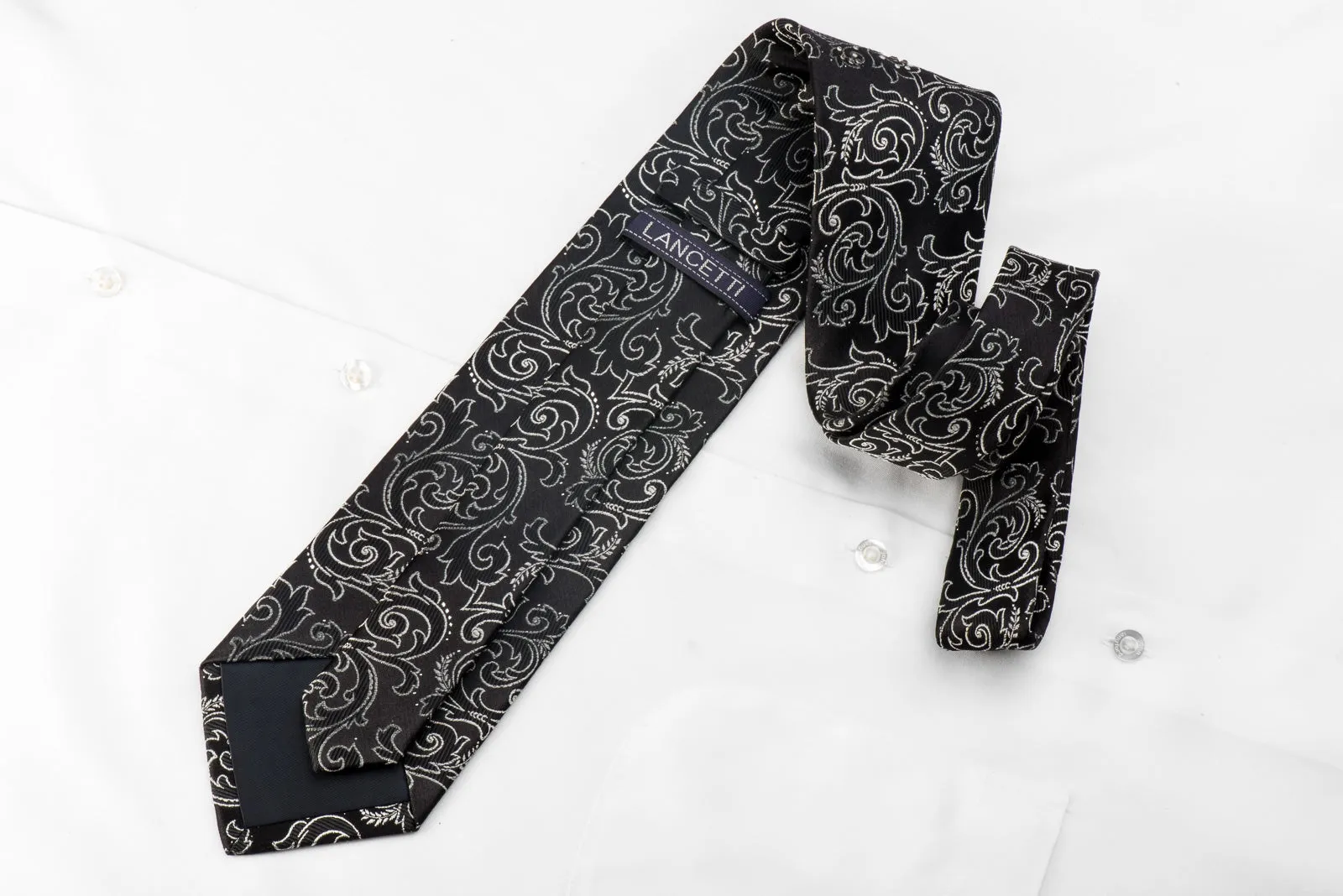 Lancetti Men's Crystal Necktie Silver Acanthus On Black With Silver Sparkles