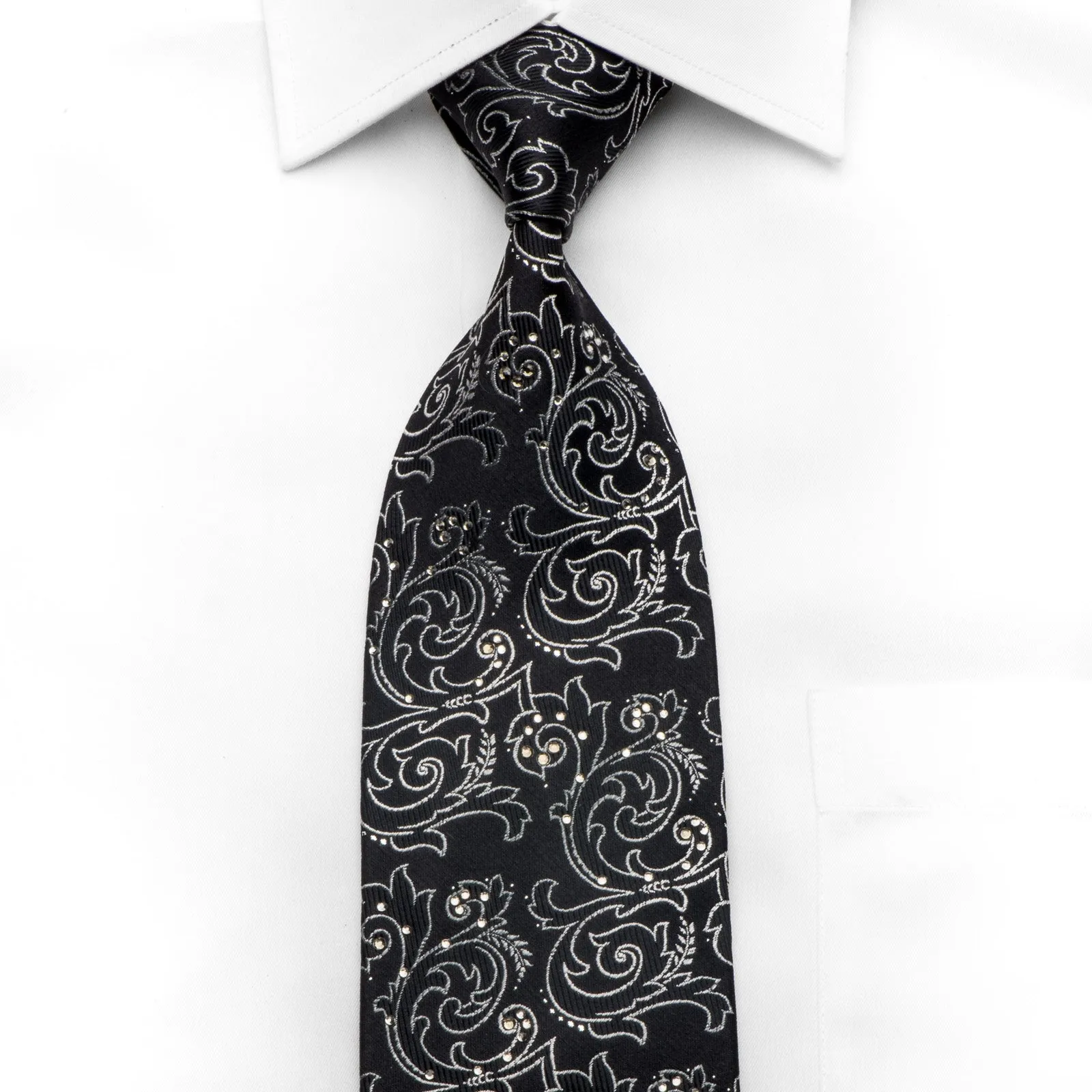 Lancetti Men's Crystal Necktie Silver Acanthus On Black With Silver Sparkles