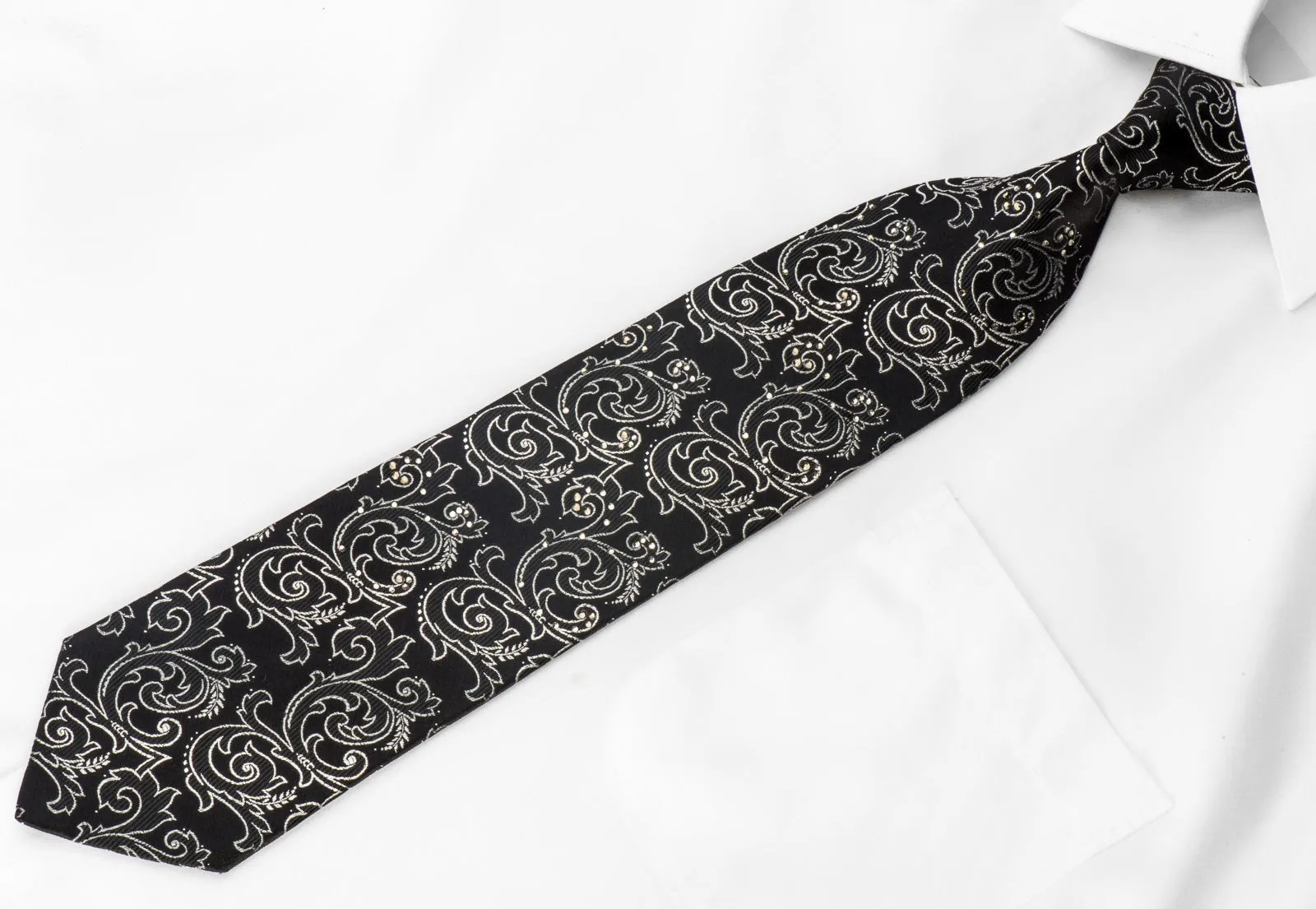 Lancetti Men's Crystal Necktie Silver Acanthus On Black With Silver Sparkles