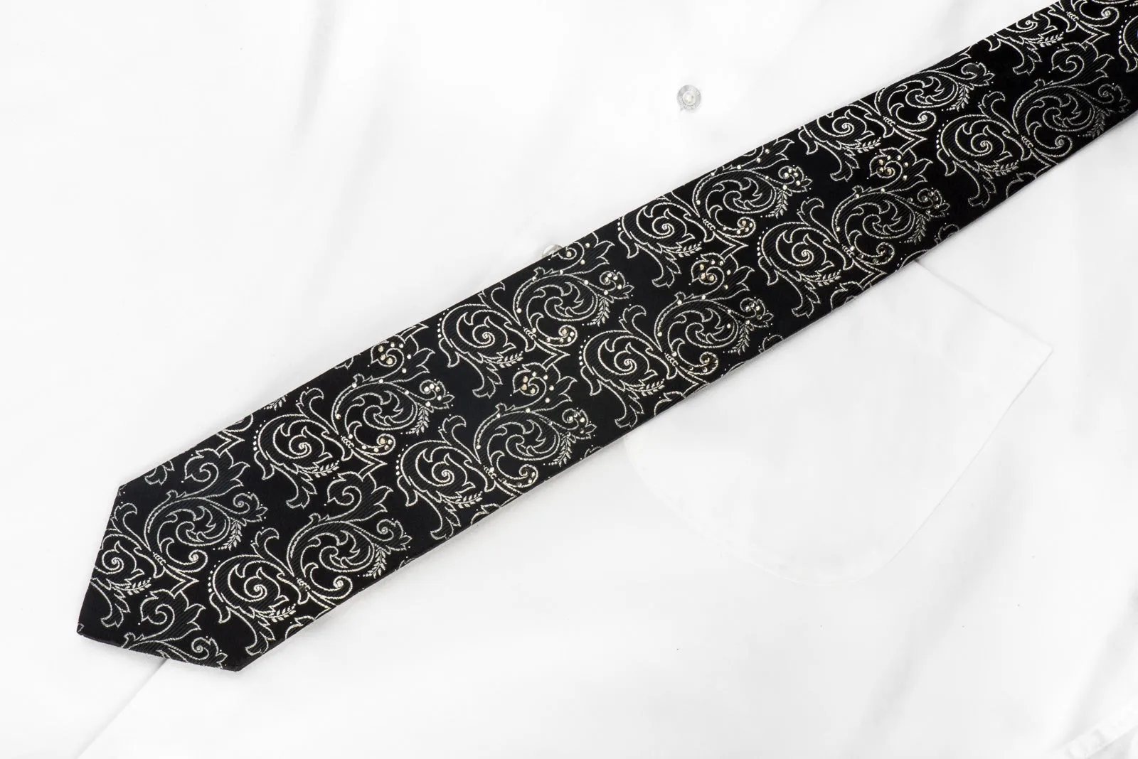 Lancetti Men's Crystal Necktie Silver Acanthus On Black With Silver Sparkles