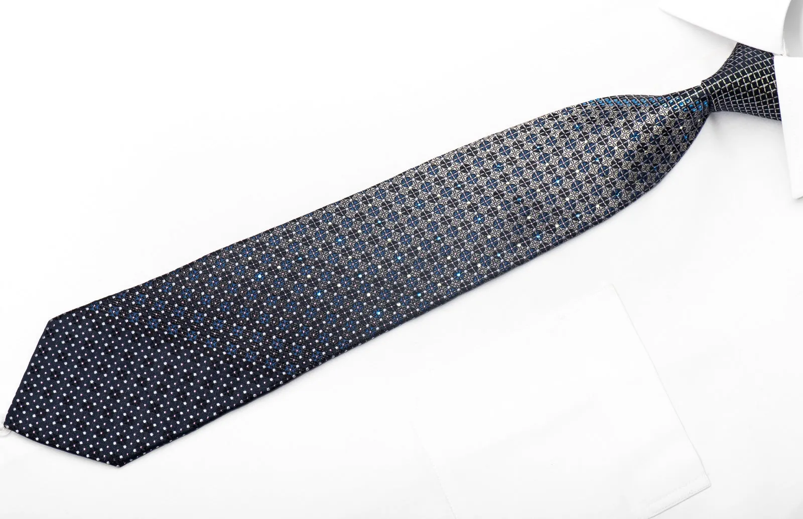 Lancetti Men's Silk Necktie Silver Trellis & Dots On Blue With Crystals Rhinestones