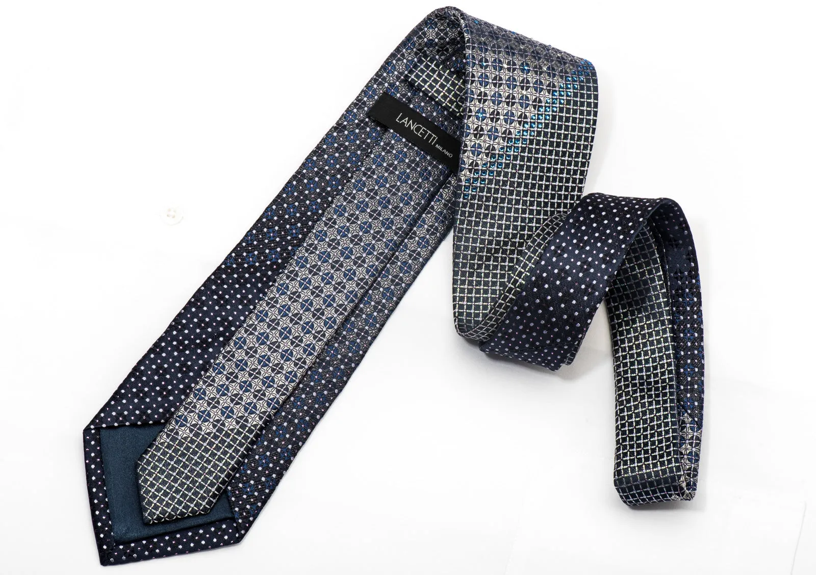 Lancetti Men's Silk Necktie Silver Trellis & Dots On Blue With Crystals Rhinestones