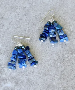 Lapis Lazuli Nugget 3-Dangle Earrings with Tanzanite Crystal Faceted Rounds and Sterling Silver Earring Wires