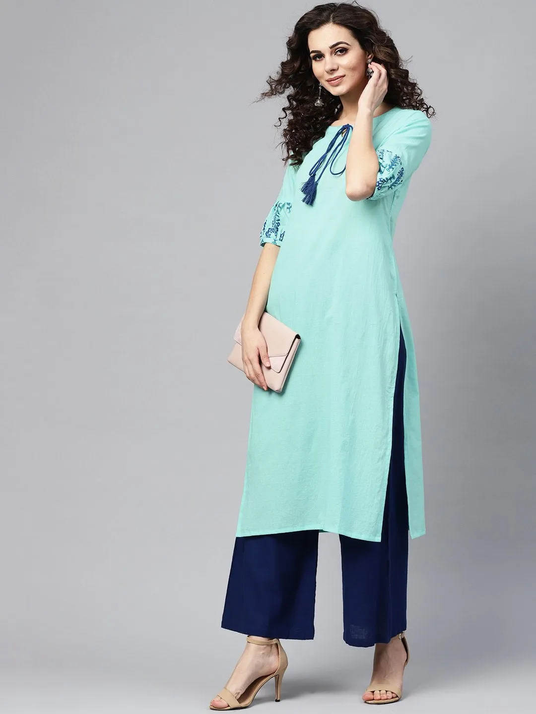 Light Blue Straight Kurta With Key Hole Neck & Printed Detailed Sleeves