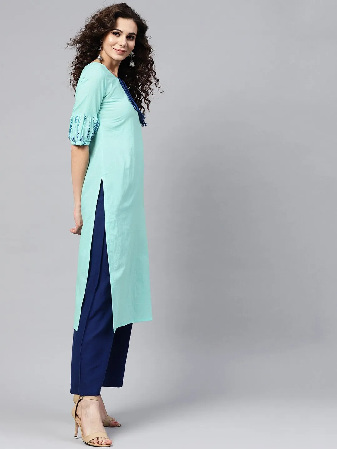 Light Blue Straight Kurta With Key Hole Neck & Printed Detailed Sleeves