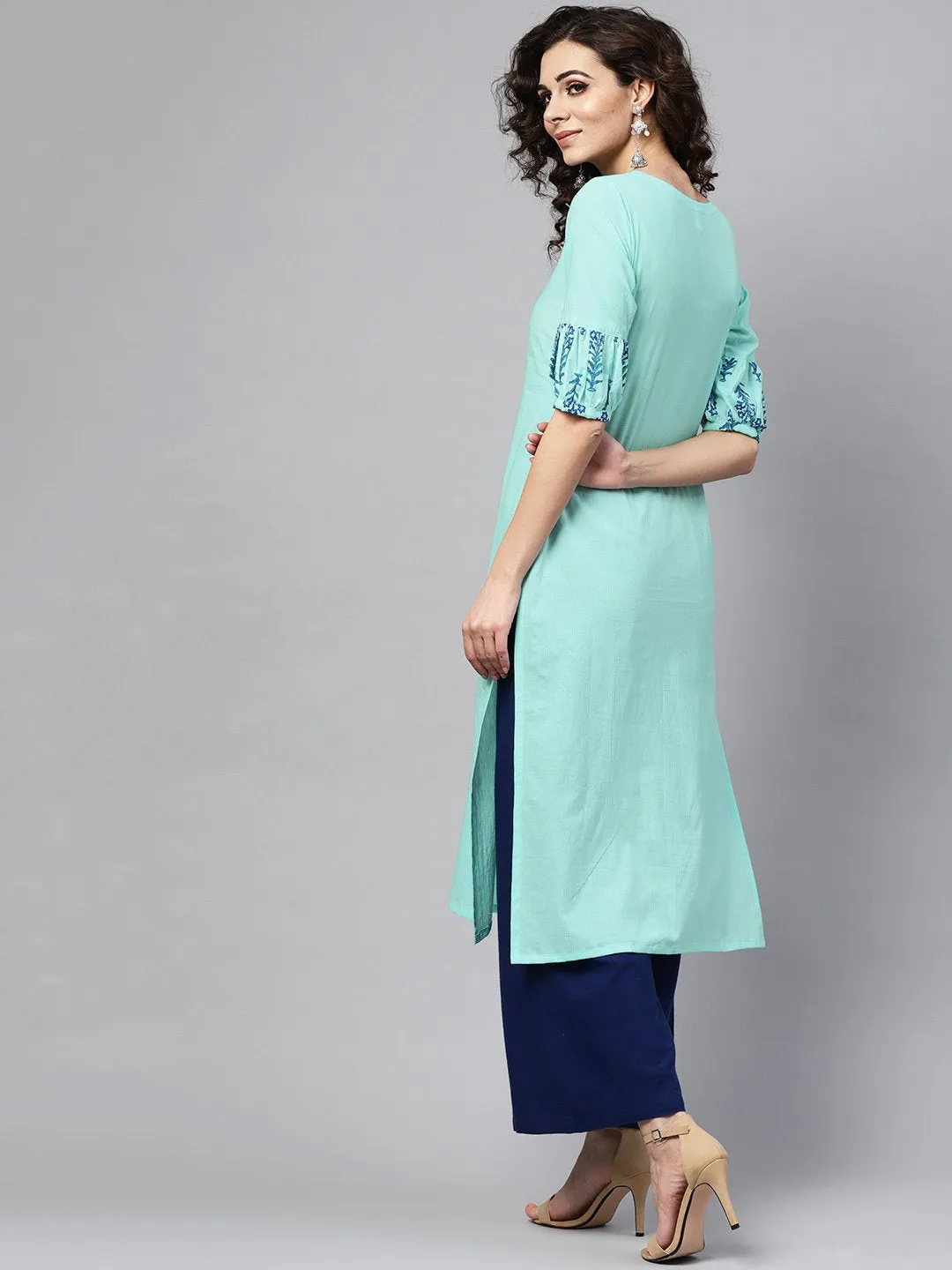 Light Blue Straight Kurta With Key Hole Neck & Printed Detailed Sleeves