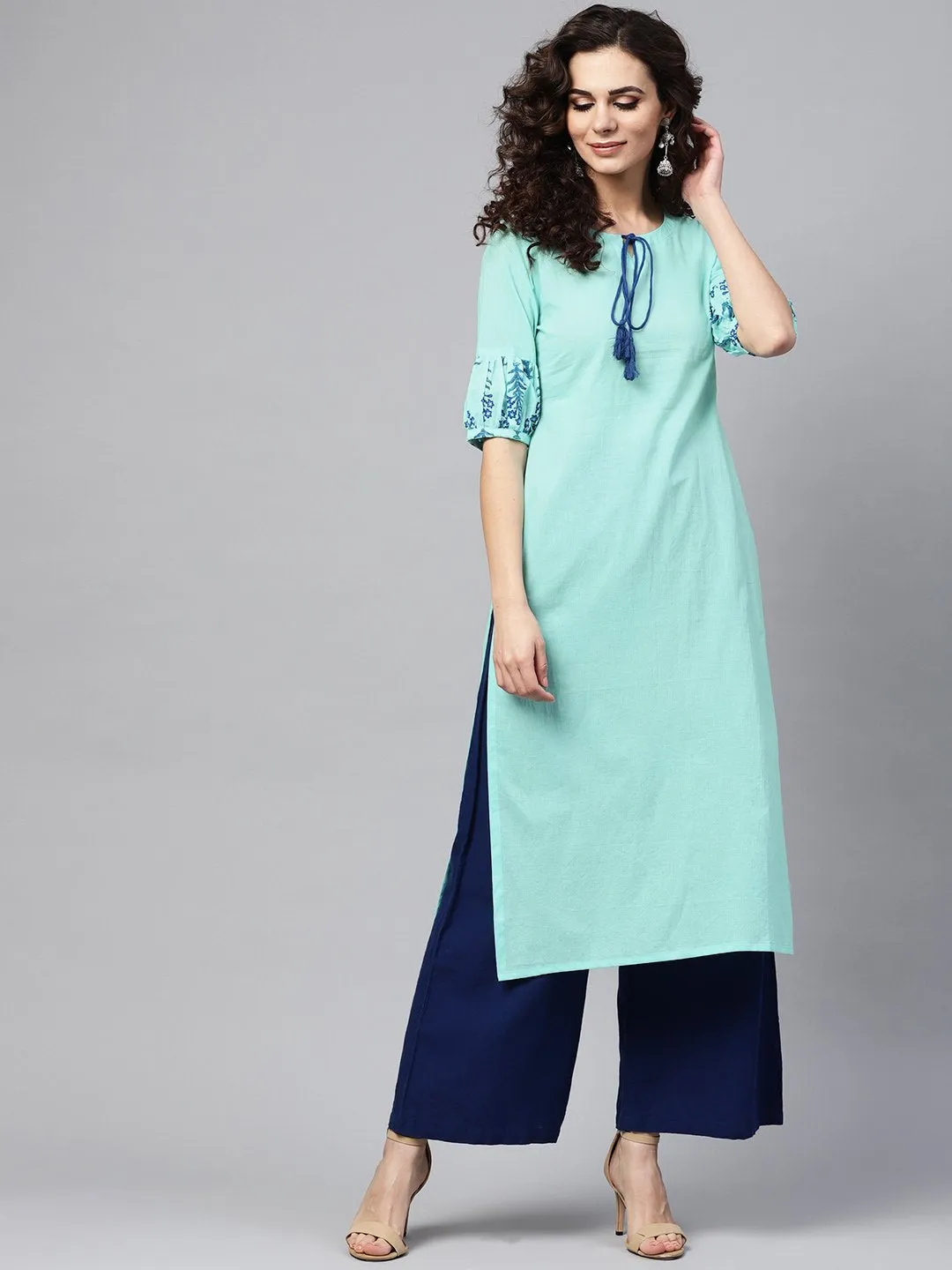 Light Blue Straight Kurta With Key Hole Neck & Printed Detailed Sleeves