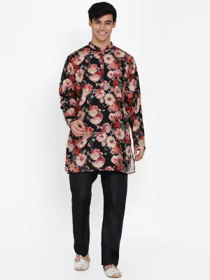 Men Black Paisley Printed Angrakha Kurta with Pyjamas