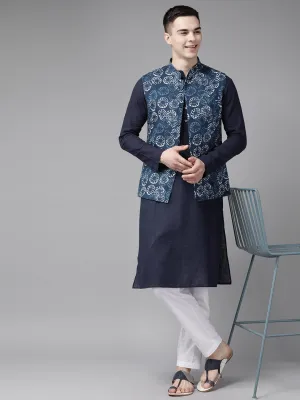 Men Blue & Beige Printed Pure Cotton Neharu Jacket