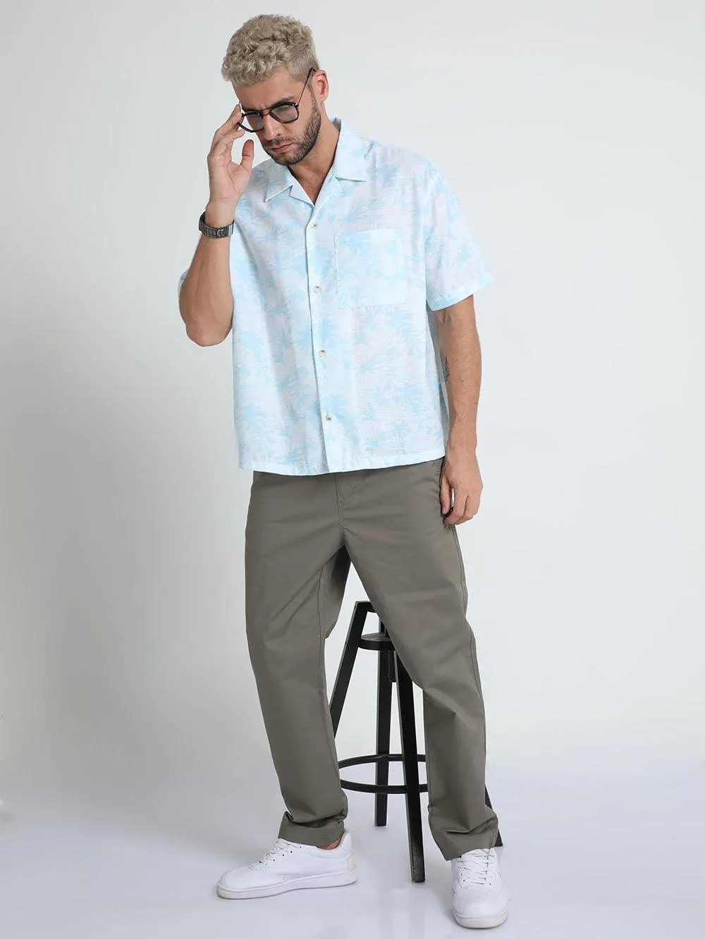 Men Loose Fit Aquamarine Blue Cuban Collar Shirt