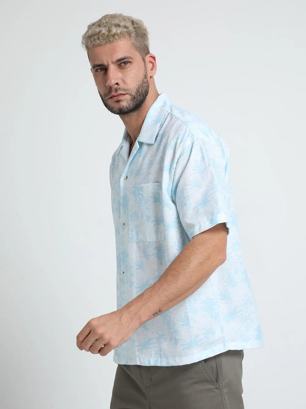 Men Loose Fit Aquamarine Blue Cuban Collar Shirt