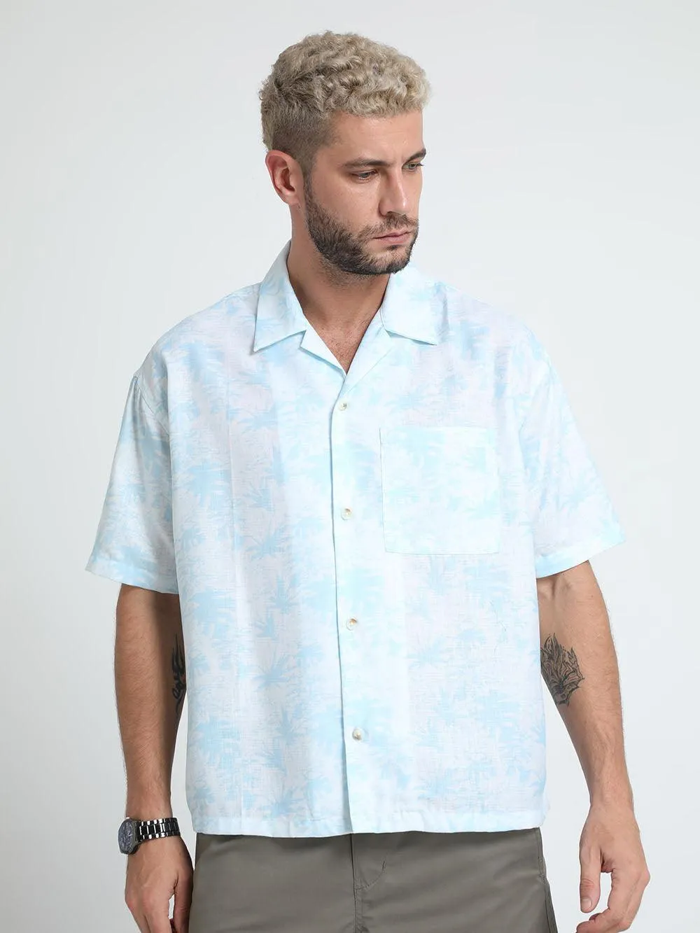 Men Loose Fit Aquamarine Blue Cuban Collar Shirt