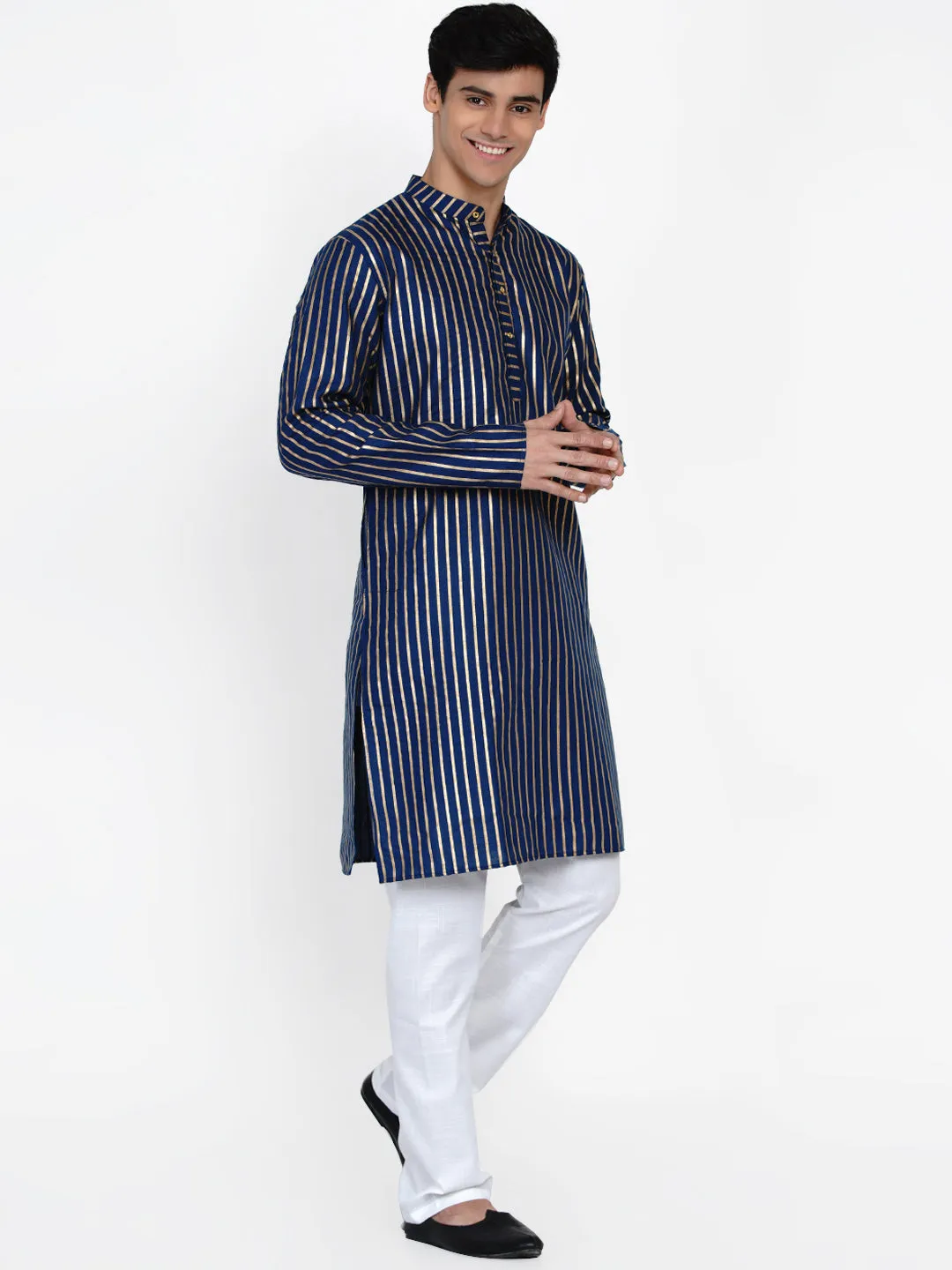 Men Navy Blue & Gold Striped Kurta with Pyjamas