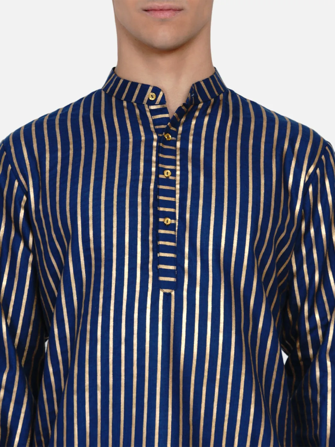 Men Navy Blue & Gold Striped Kurta with Pyjamas