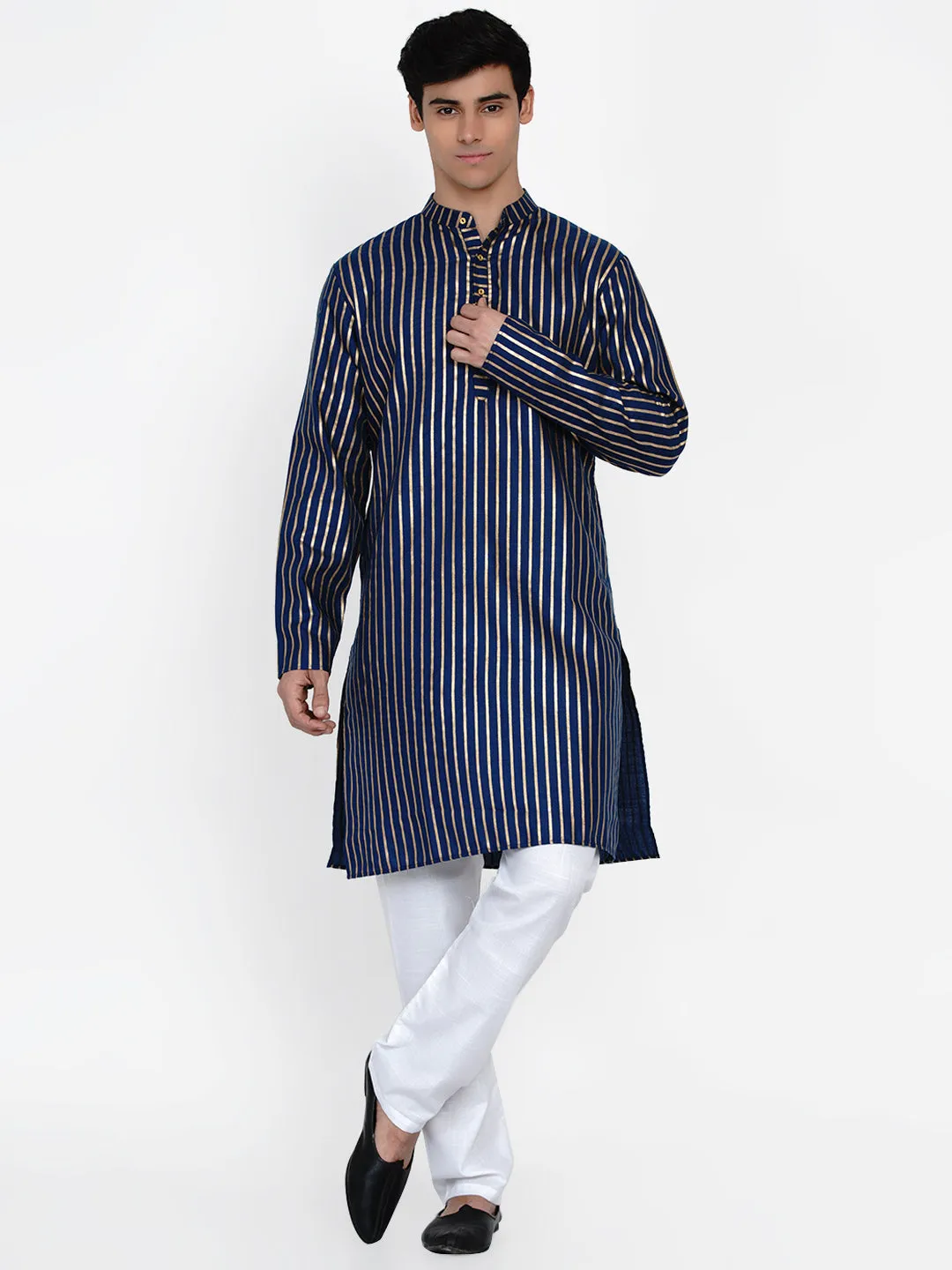 Men Navy Blue & Gold Striped Kurta with Pyjamas