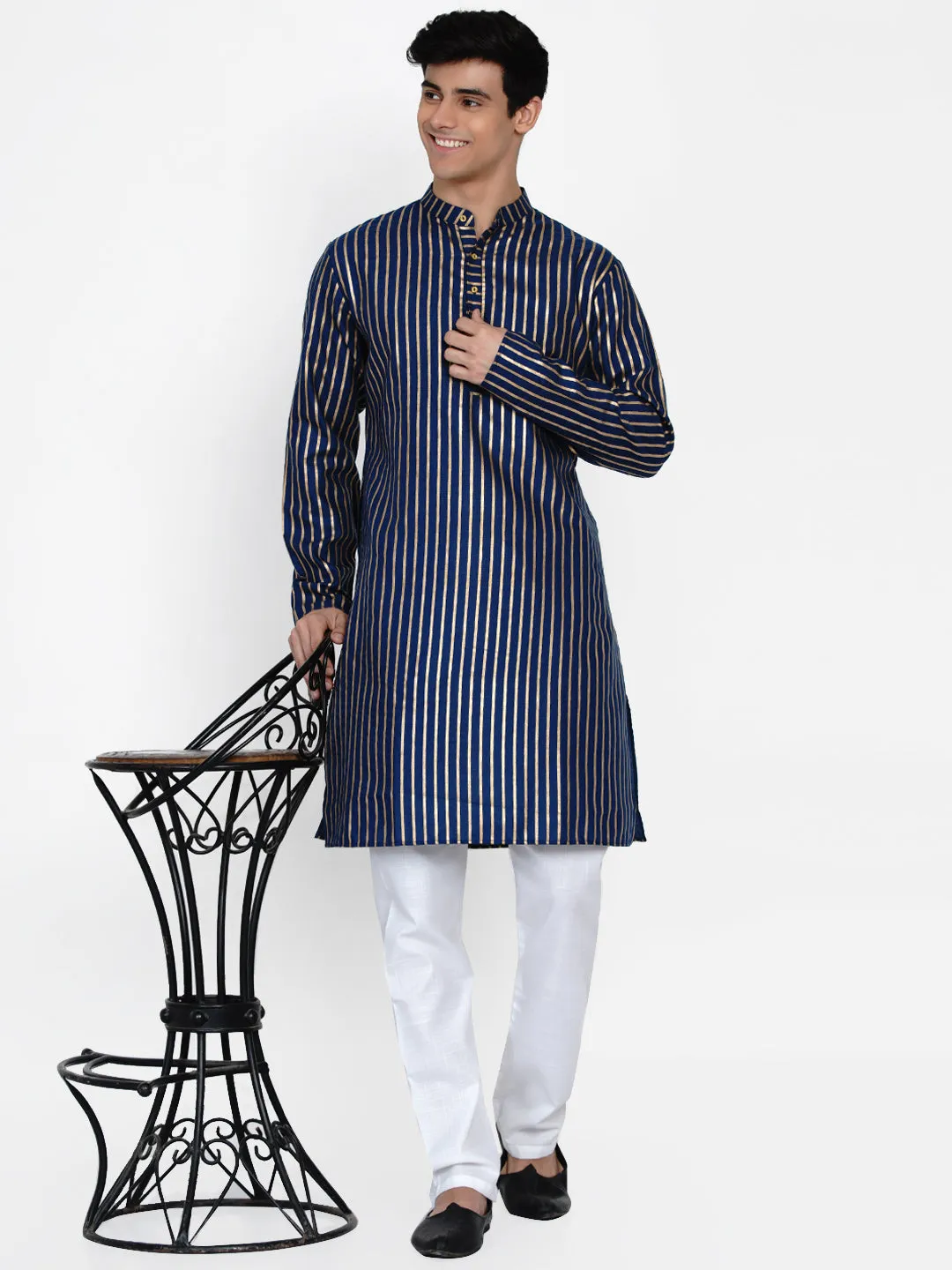 Men Navy Blue & Gold Striped Kurta with Pyjamas