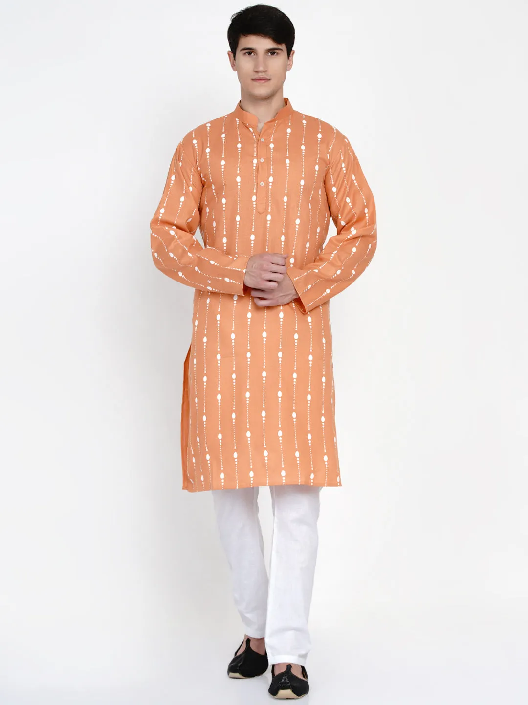 Men Peach & White Printed Pure Cotton Kurta with Pyjamas