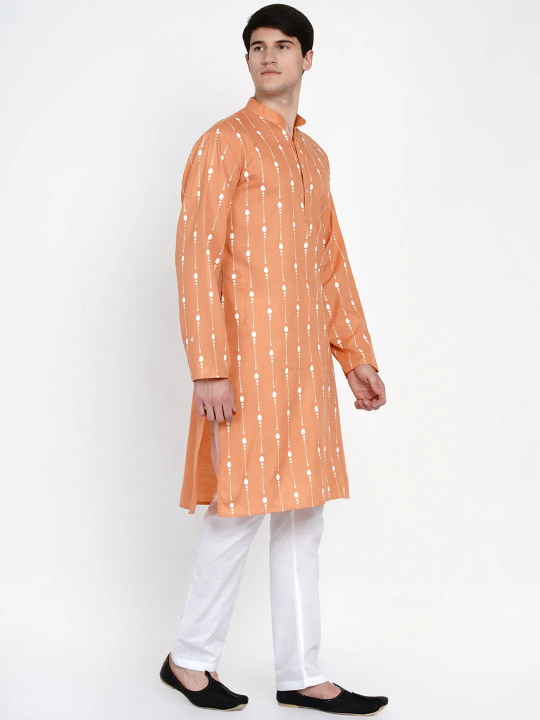 Men Peach & White Printed Pure Cotton Kurta with Pyjamas