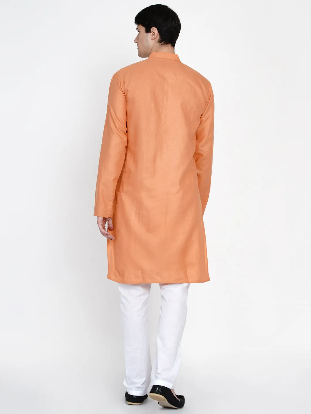 Men Peach & White Yoke Design Pure Cotton Kurta Set