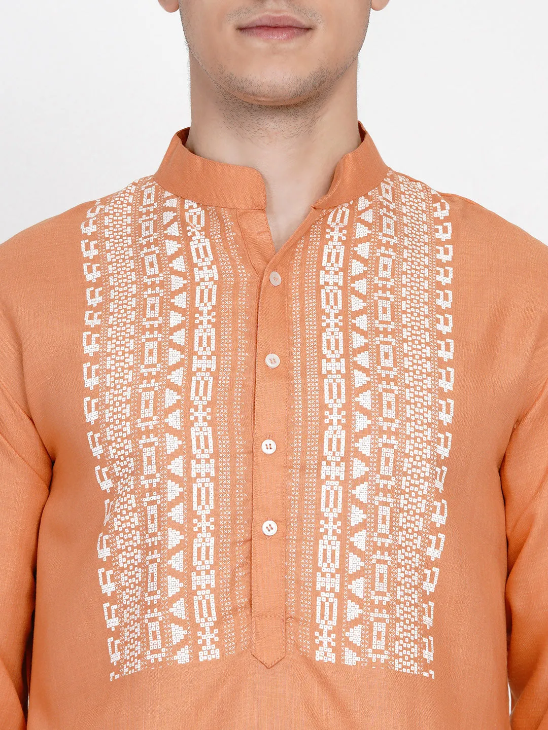 Men Peach & White Yoke Design Pure Cotton Kurta Set