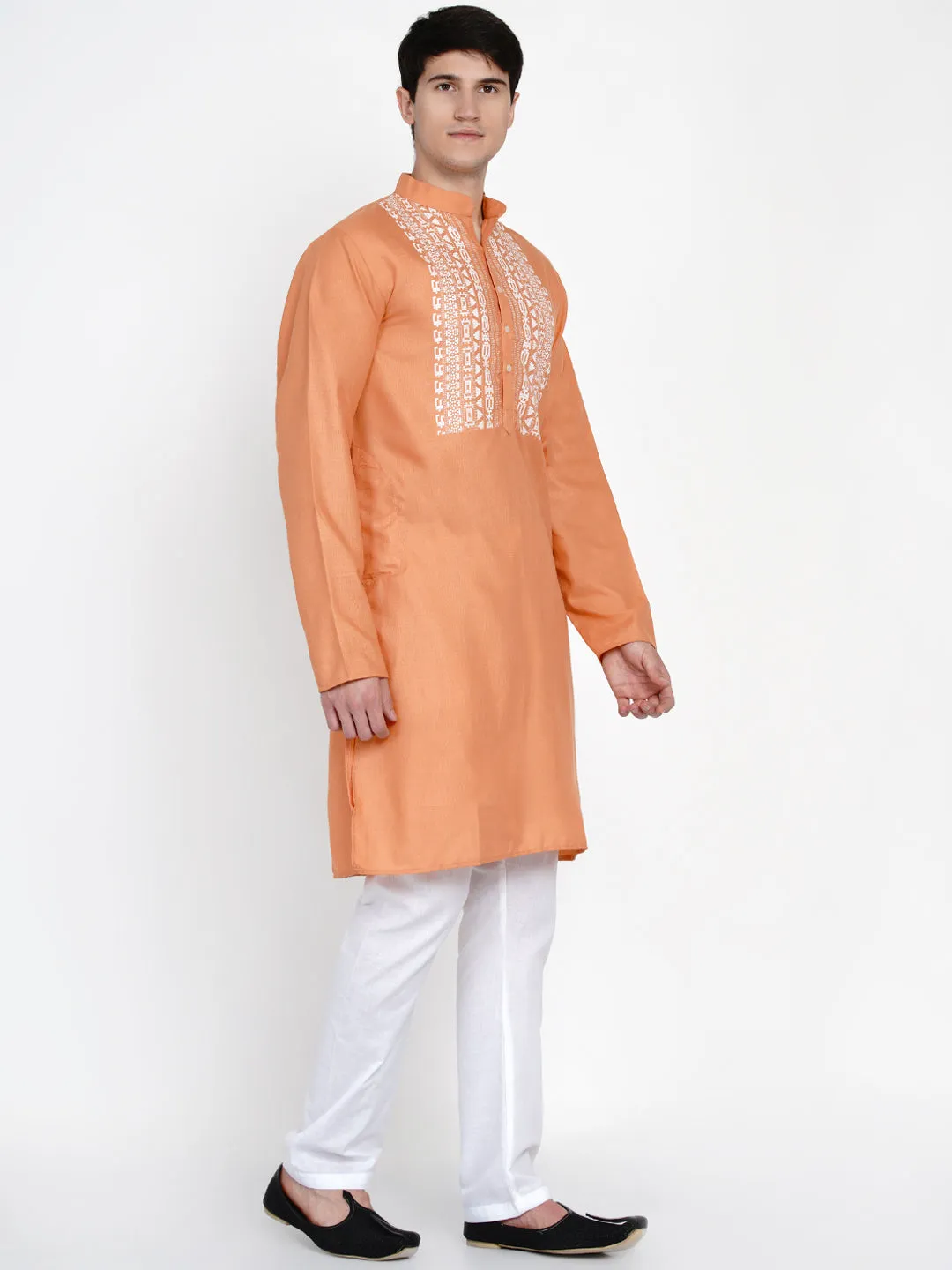 Men Peach & White Yoke Design Pure Cotton Kurta Set