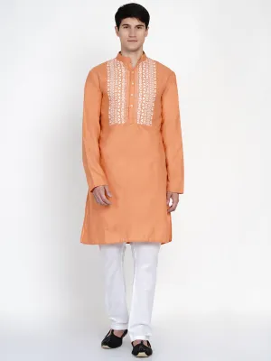 Men Peach & White Yoke Design Pure Cotton Kurta Set