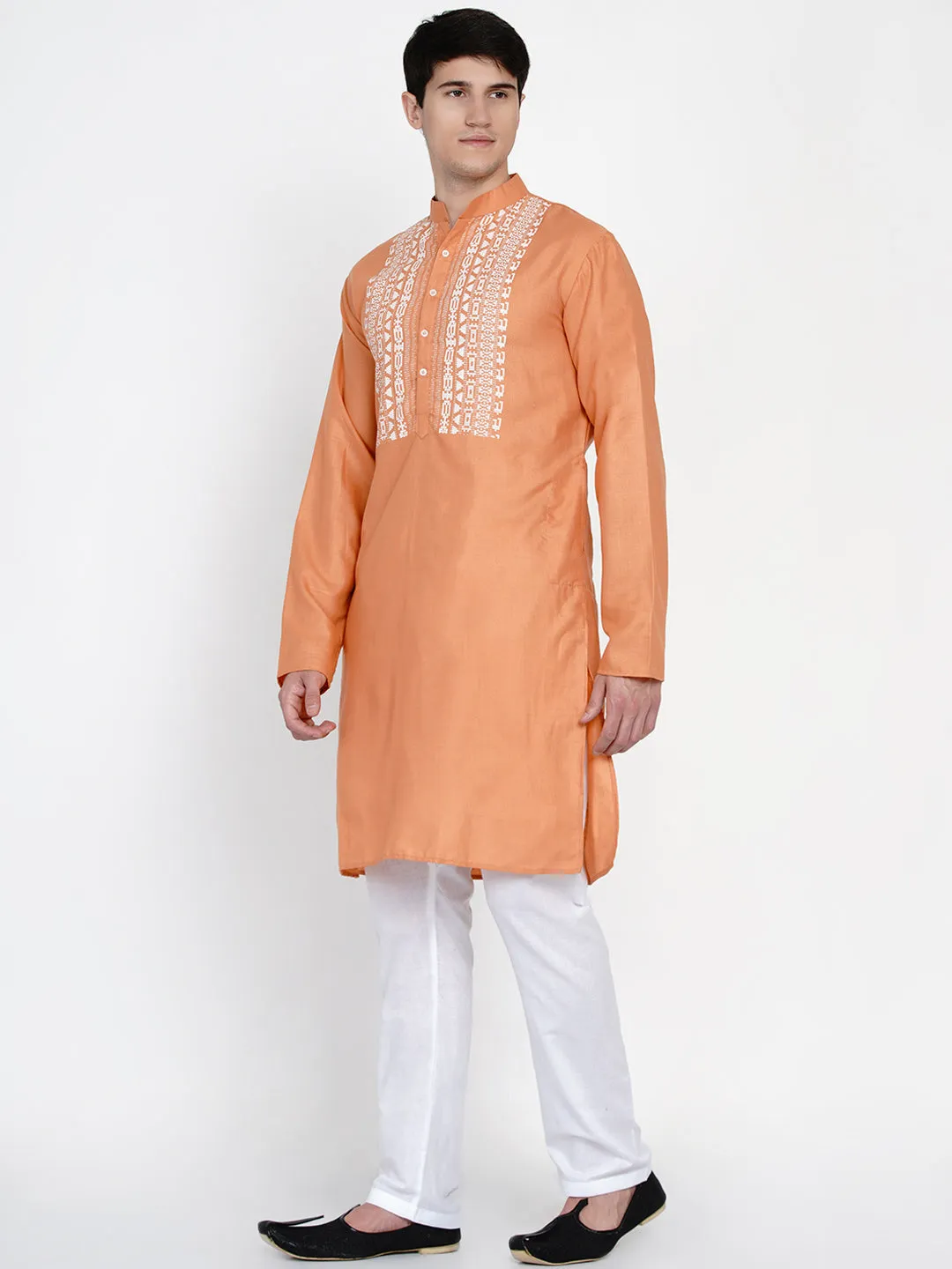 Men Peach & White Yoke Design Pure Cotton Kurta Set