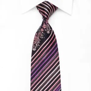 Metro City Men's Crystal Silk Necktie Purple Striped On Black With Sparkles