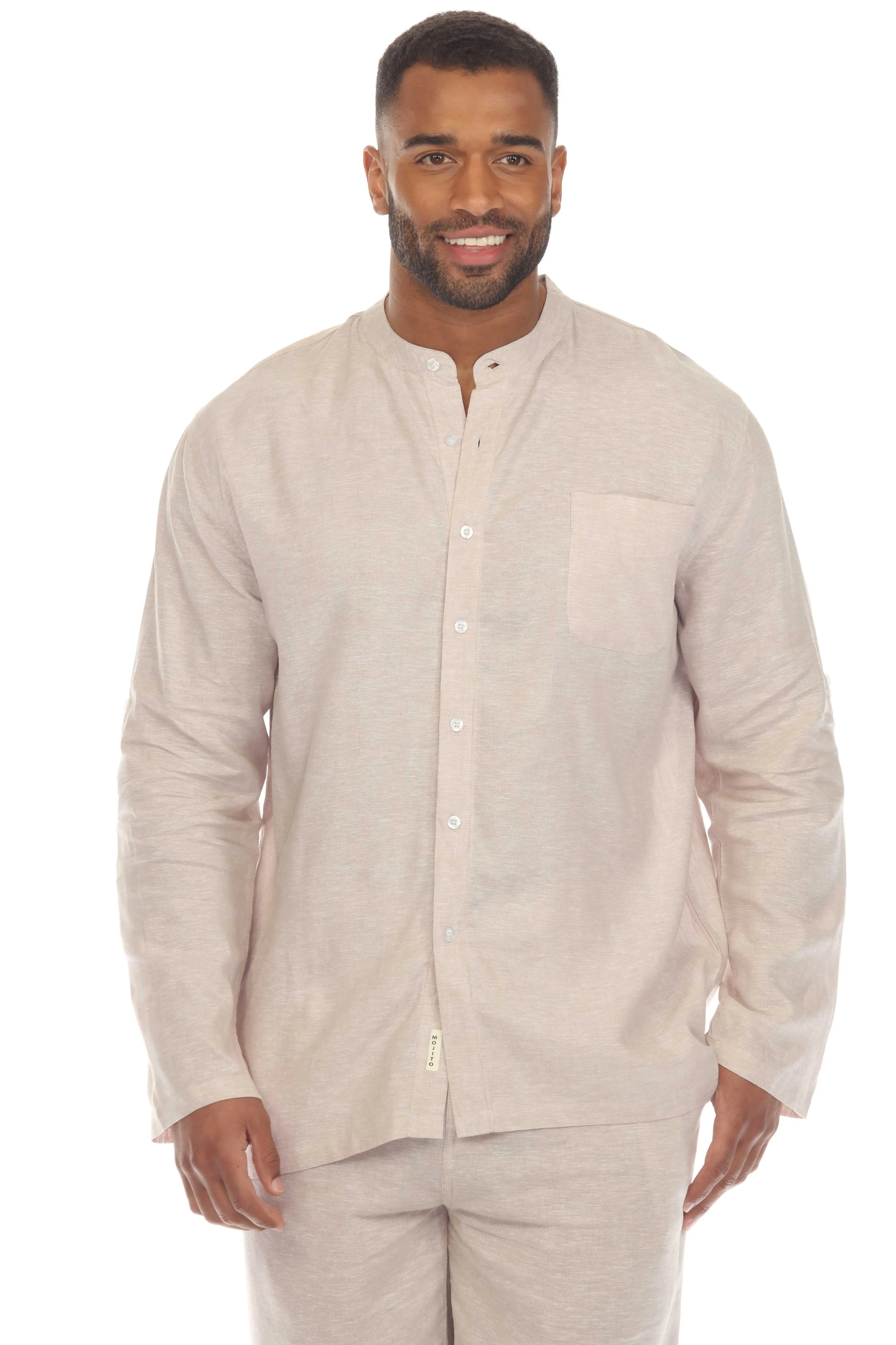 Mojito Men's Causal Beach Resort Wear Mandarin Collar Long Sleeve Linen Blend Button Down Shirt