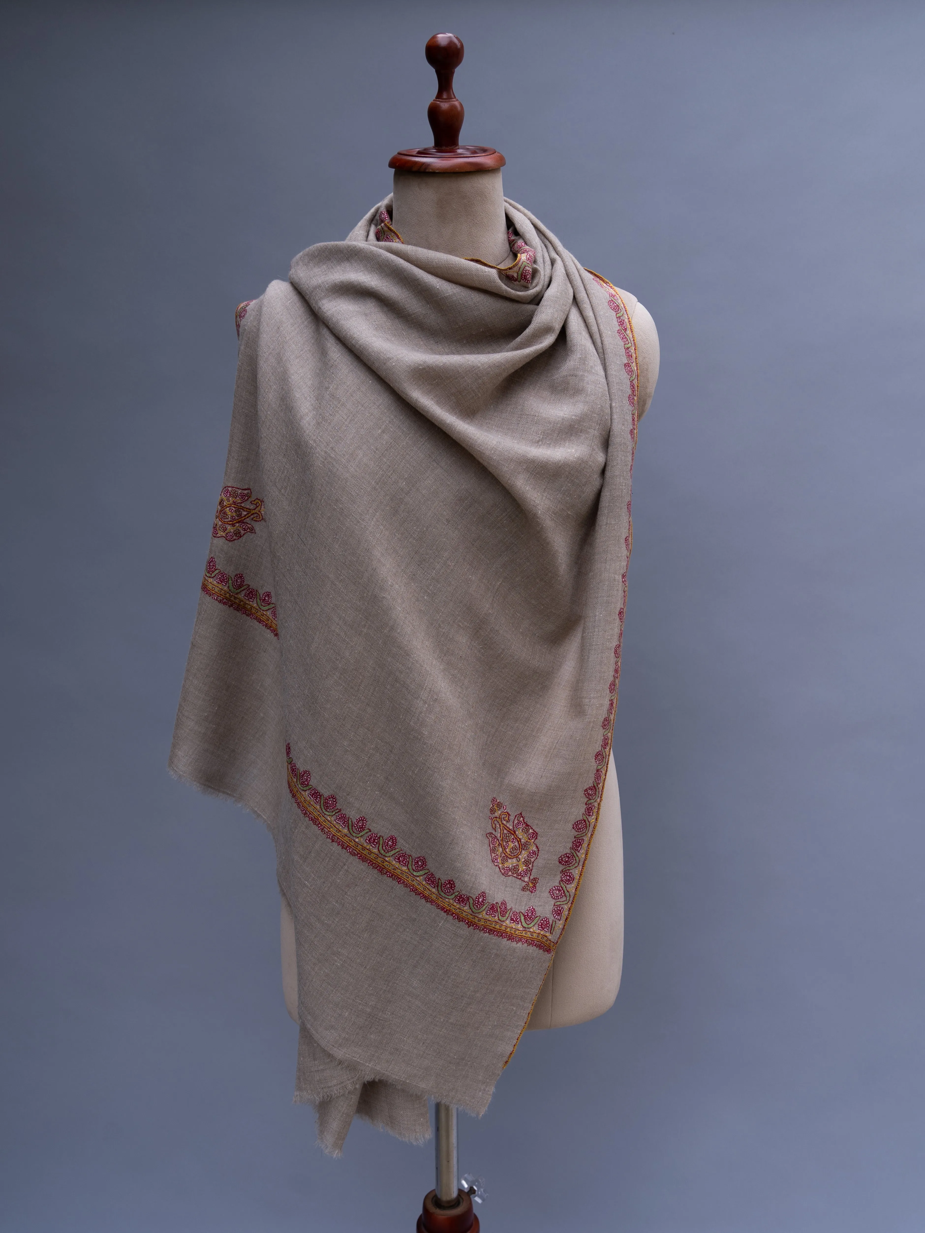 Natural Grey Border Embroidery Cashmere Scarf