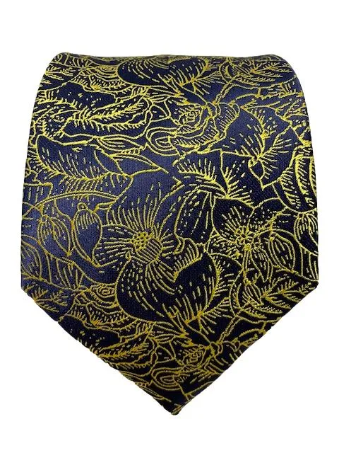 Navy Blue Tie with Gold Floral Print