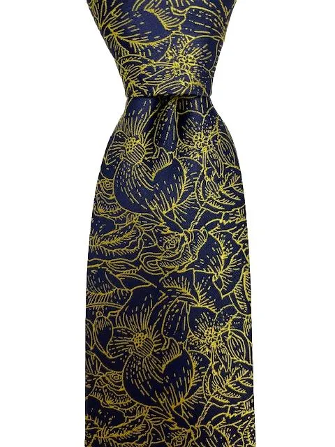 Navy Blue Tie with Gold Floral Print