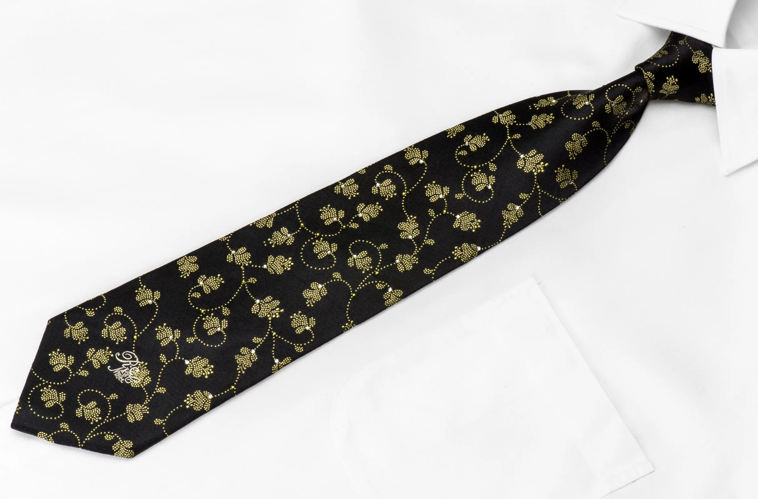 Nina Ricci Mens Crystal Silk Tie Yellow Floral On Black