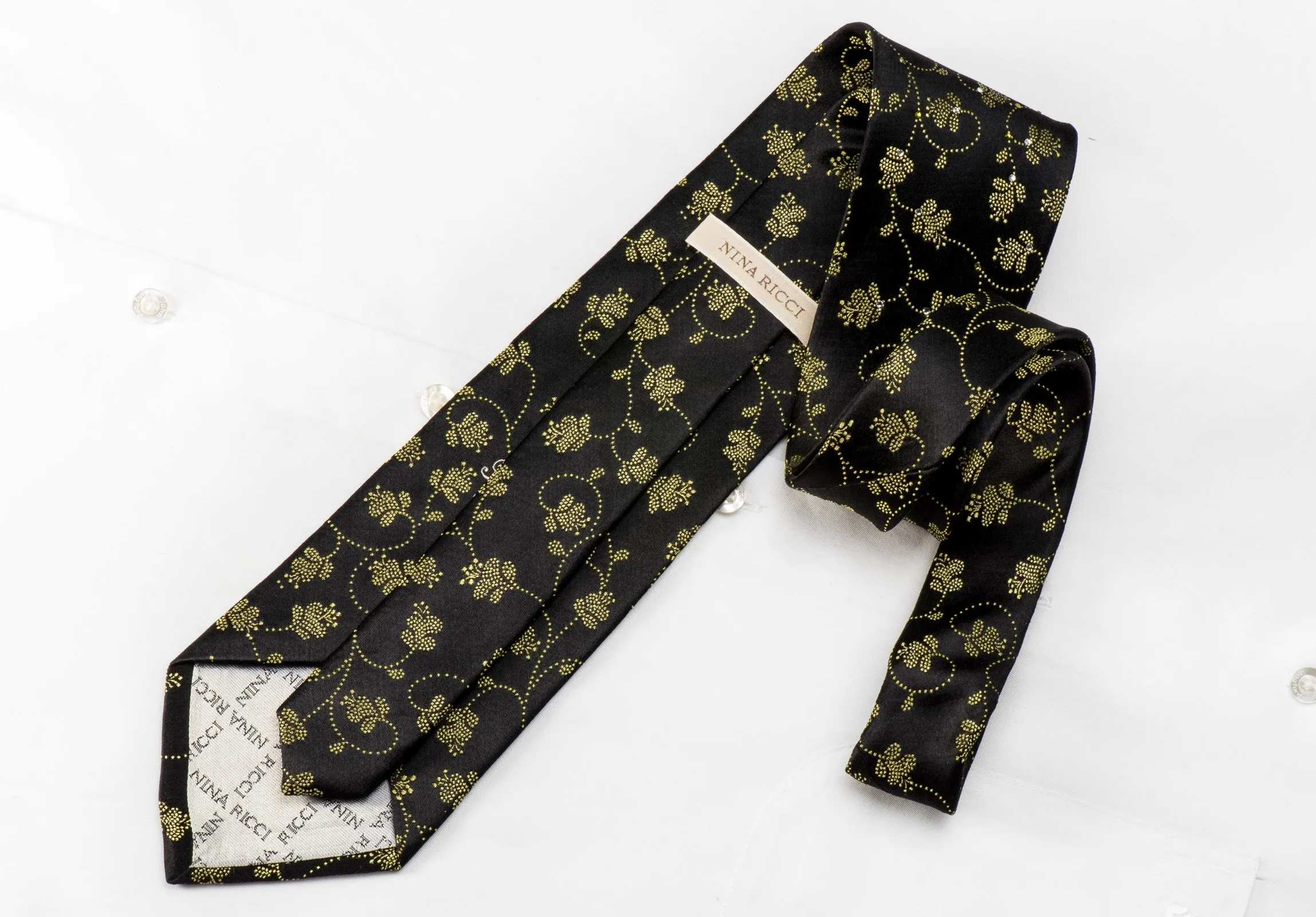 Nina Ricci Mens Crystal Silk Tie Yellow Floral On Black