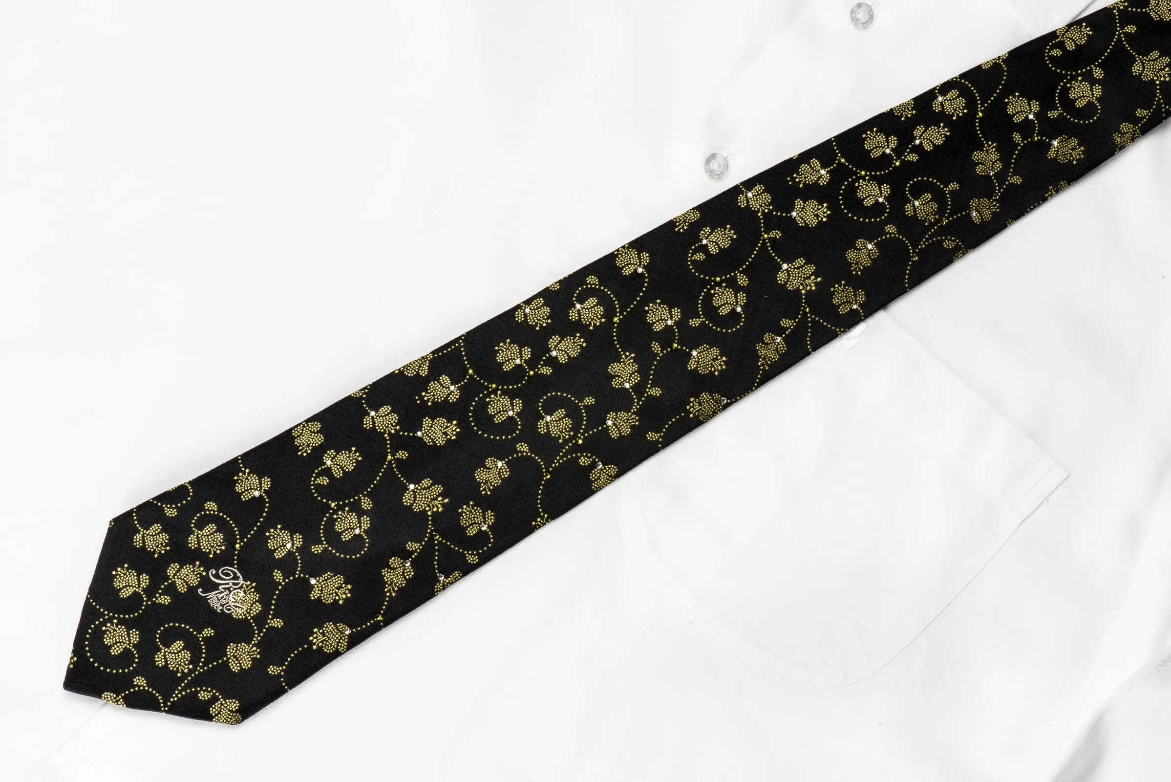 Nina Ricci Mens Crystal Silk Tie Yellow Floral On Black