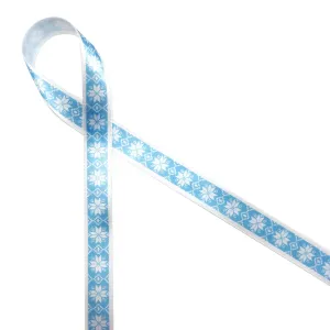 Nordic Design snowflake ribbon on an ice blue background printed on 5/8" white single face satin