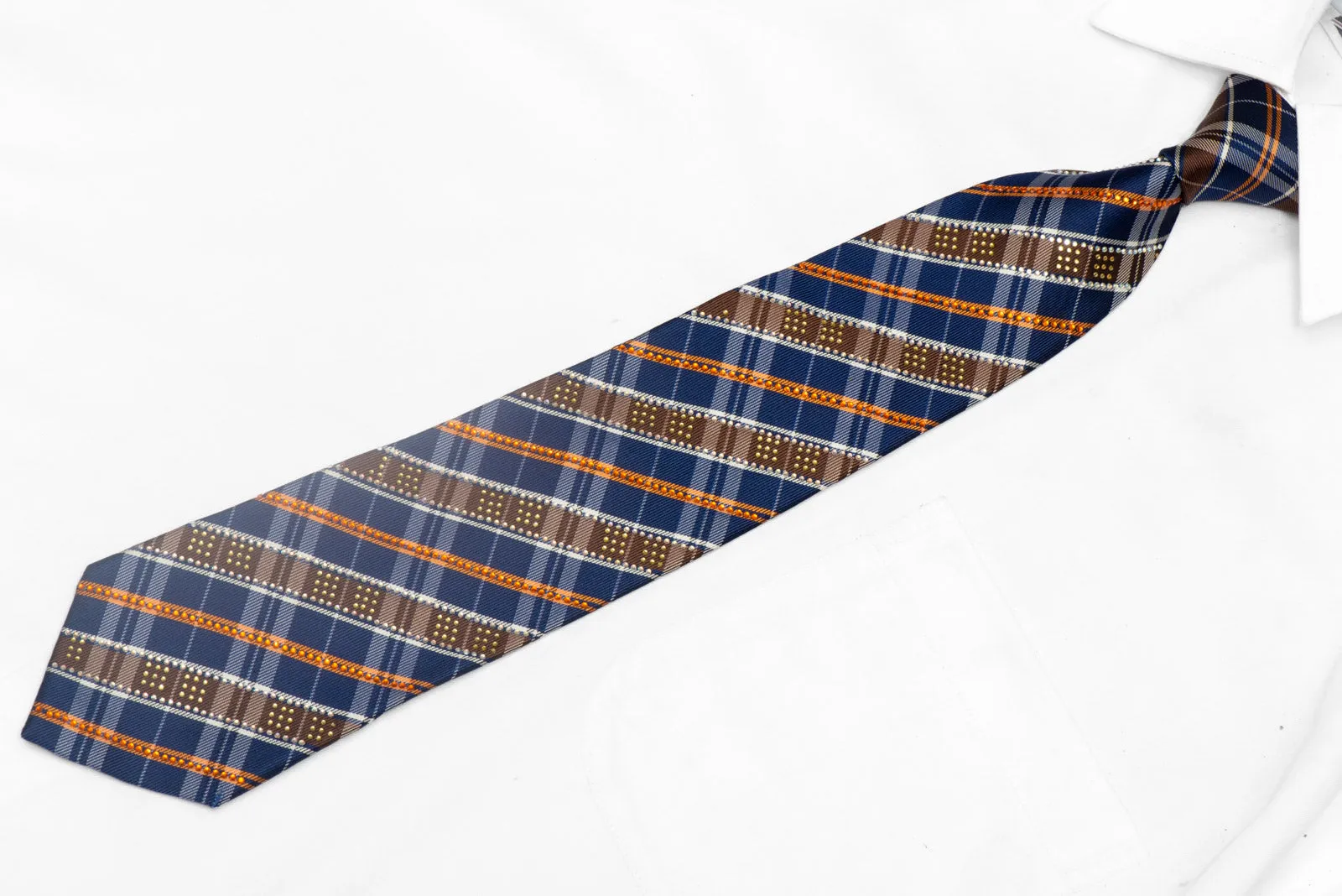 Orange Blue Brown Silver Plaid Rhinestone Silk Necktie With Silver Sparkles