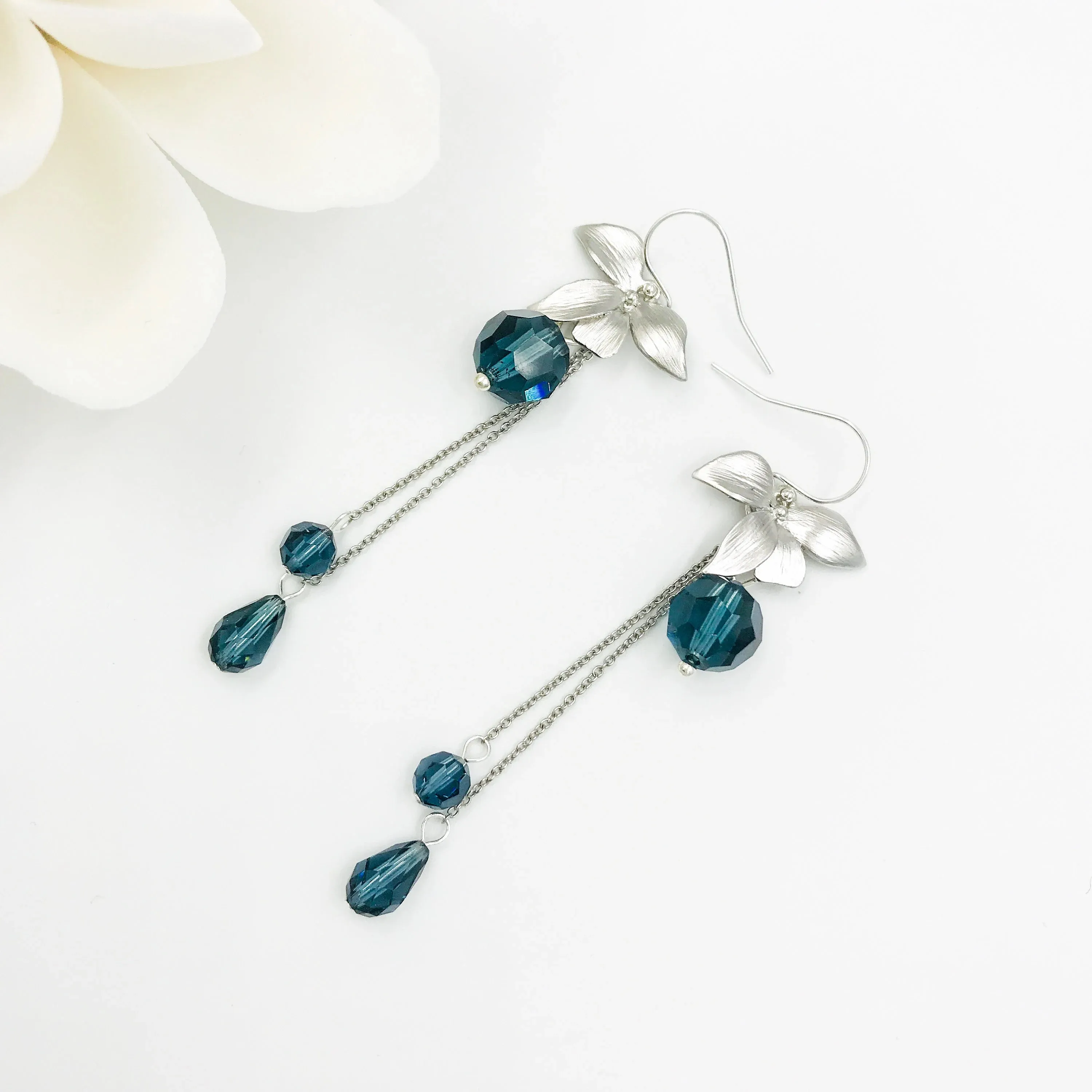 Orchid Flower Teal Crystal Earrings Silver